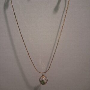 Vintage Gold Tone Green Stone Cage Pendant Necklace 8" Chain